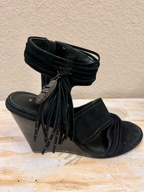 Coach Black Suede Fringe Ankle-Wrap Wedge Sandals